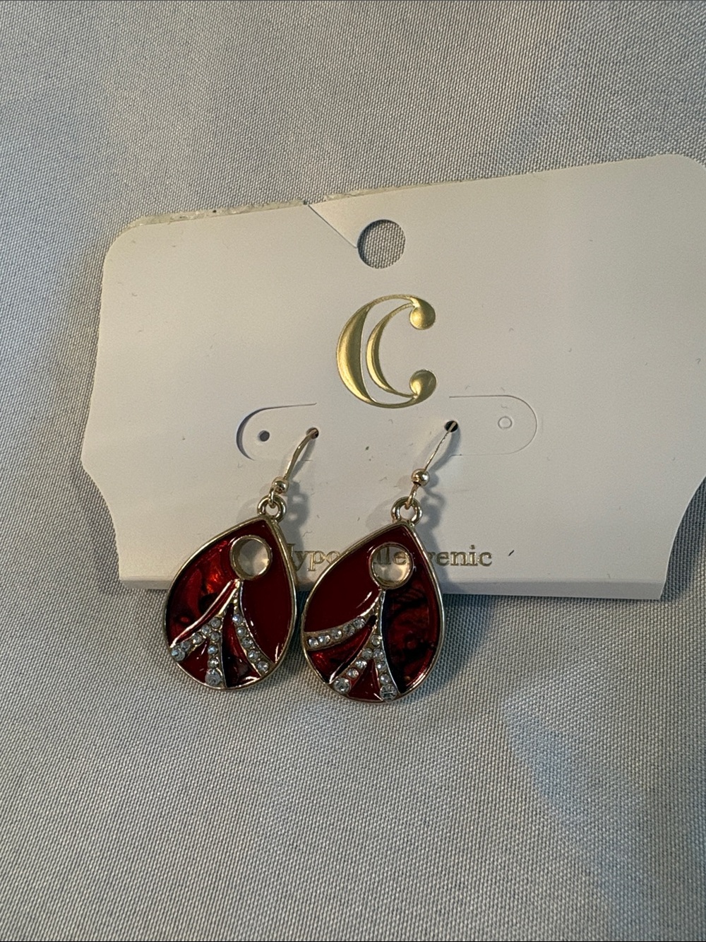 NWT Charming Charlie Red Teardrop Dangle Earrings with Crystal Accents
